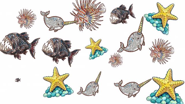 A charming and whimsical animated scene featuring a variety of cartoon sea creatures including narwhals, starfish, lionfish and fierce anglerfish. 