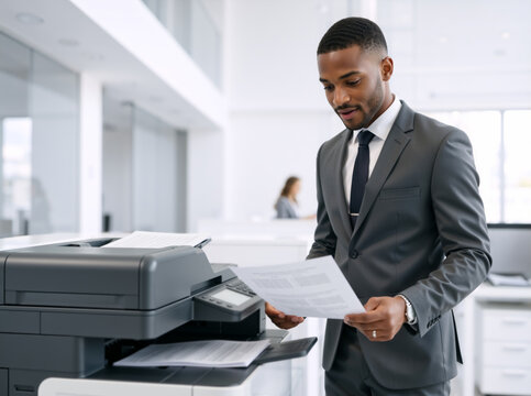Black businessman reading a printed document next to a copier in a modern office. Professional male employee reviewing paperwork