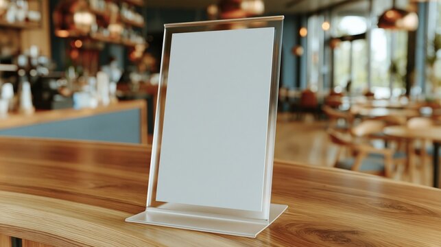 Blank acrylic sign holder on a wooden counter in a modern restaurant interior