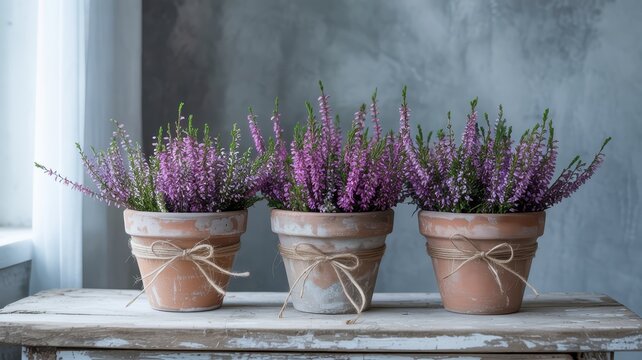 Heather plants in three rustic terracotta pots decorated with twine bows sitting on a weathered wooden table indoors near window