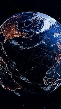 Immersive 3D Digital Globe Animation Highlighting United Kingdom and British Isles Vertical