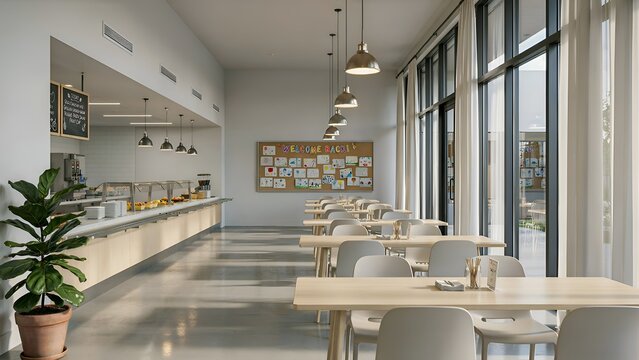 School cafeteria interior with tables serving counter and natural light