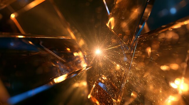 Abstract fractured glass with intense central light burst, conveying energy and disruption, a dynamic visual