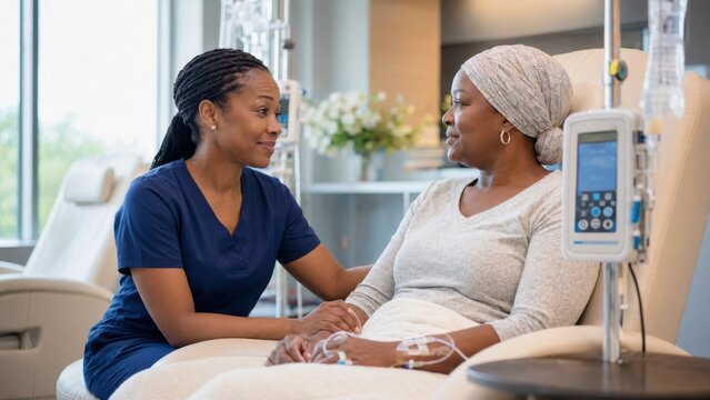 Female oncology nurse in blue scrubs provides emotional support to a cancer patient wearing a headscarf during treatment in a bright, modern infusion room