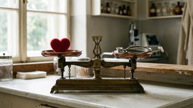 Red heart shape and medical stethoscope on antique metal balance scale