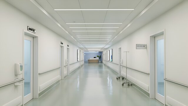 Long hospital corridor with white walls doors and fluorescent lighting