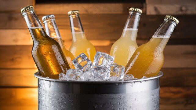 Beer bottles inside a metal bucket filled with ice cubes against a rustic wooden background for cold refreshment commercial advertising