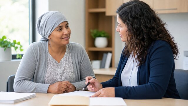 Female oncology patient wearing headscarf engages in conversation with healthcare professional at a desk, with plants and bookshelves visible in the background