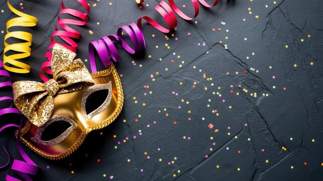 Golden carnival mask with glittery bow and colorful party streamers on a dark textured black background for festive holiday celebrations