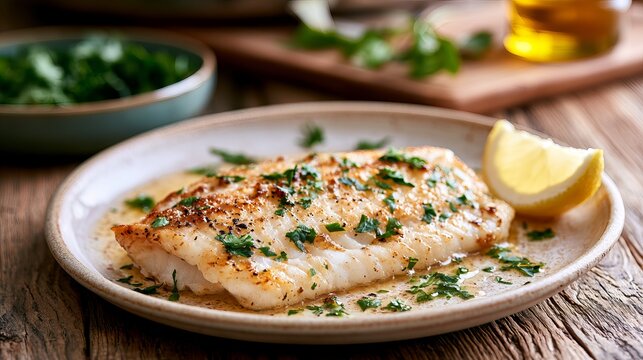 Seared white fish with lemon and herbs on a plate, served with greens and a rustic wooden surface