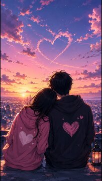 Romantic Anime Couple Watching the Sunset Over a City
