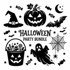 Halloween party bundle set of vector elements. Pumpkin, witch hat, ghost, spider web, candy, bat, moon. Black and white spooky icons for design. Halloween © Moniruzzaman