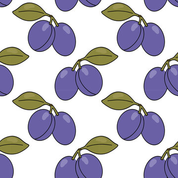 Seamless pattern with purple plums and green leaves. For food packaging, labels, menus, recipes, and fruit product designs.