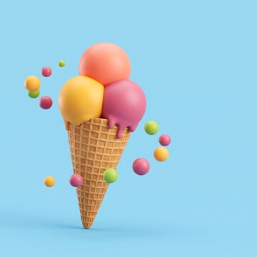 Three scoops of colorful ice cream in a waffle cone with floating candy spheres on a light blue background, 3d render of summer dessert
