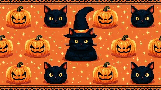Festive Halloween pattern with black cats, pumpkins, and a witch hat, perfect for autumn celebrations and spooky themes