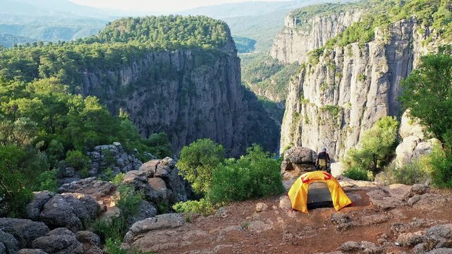 Tazi Canyon Antalya Manavgat aerial view showcasing Turkey's fascinating tourist destination. Dramatic drone video over massive rock cliffs and deep forest valley.