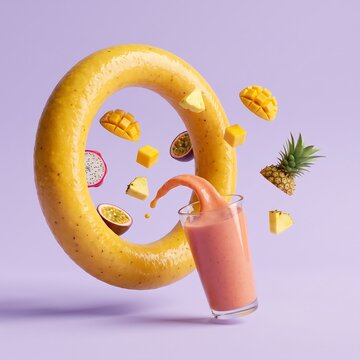Tropical fruit smoothie splashing from a glass with floating mango, pineapple, and passion fruit pieces against a soft purple background, 3d