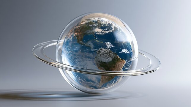 Earth globe encased in a transparent sphere with a metallic ring, softly illuminated, showcasing global perspective