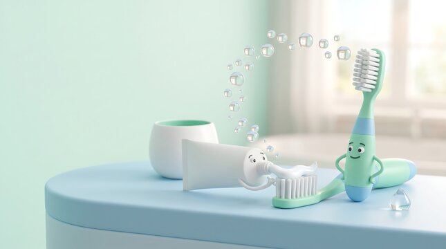 Cute 3d cartoon toothbrush and toothpaste characters with soap bubbles on a light blue bathroom counter, dental hygiene concept
