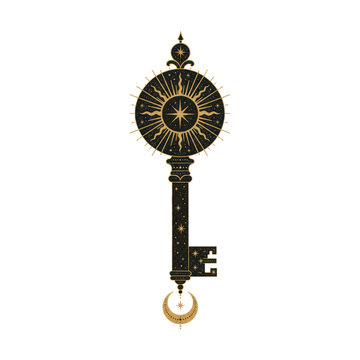 PNG Vintage celestial key with sun and moon design.
