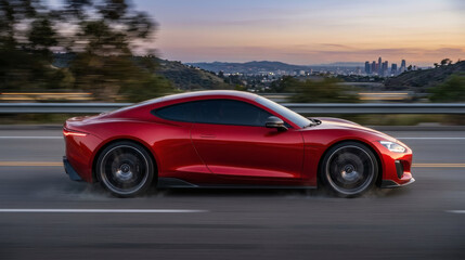 Fototapeta premium Red luxury sports car driving down highway at dusk with city skyline