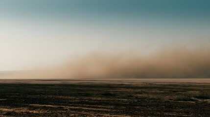 Obraz premium A vast desert plain under a hazy sky as a massive dust cloud rolls across the horizon during golden hour