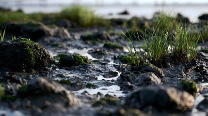 Fototapeta premium A close up of wet mudflats with green grass and moss covered rocks near a calm water body at low tide