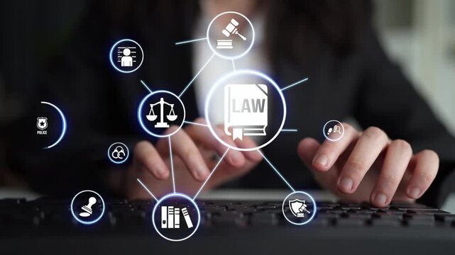 Law icons illustrate justice, court, and regulation system. Law represents fairness, law supports police, and law connects with rules, rights, and enforcement. Funnel