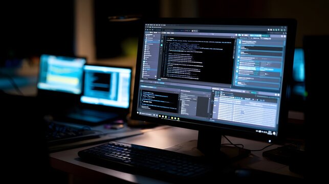 A computer monitor showing multiple of code and development tools in a dimly lit workspace