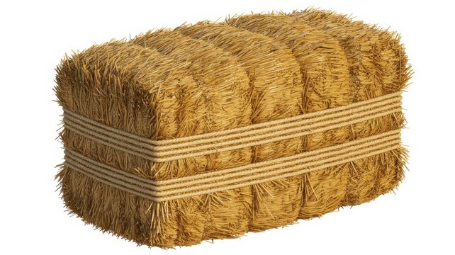 Hay bale isolated on a white background featuring realistic golden straw texture tied with thick rustic natural fiber rope