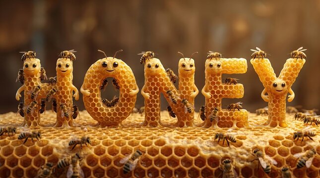 Sweet Sentinels: Adorable bee characters spell out HONEY on a honeycomb background, surrounded by industrious bees, a delightful depiction of nature's golden nectar.