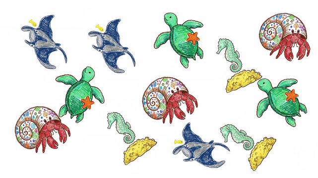 A charming animated pattern featuring various cute cartoon sea creatures like turtles, hermit crabs, seahorses, and manta rays, set against a transparent background. 