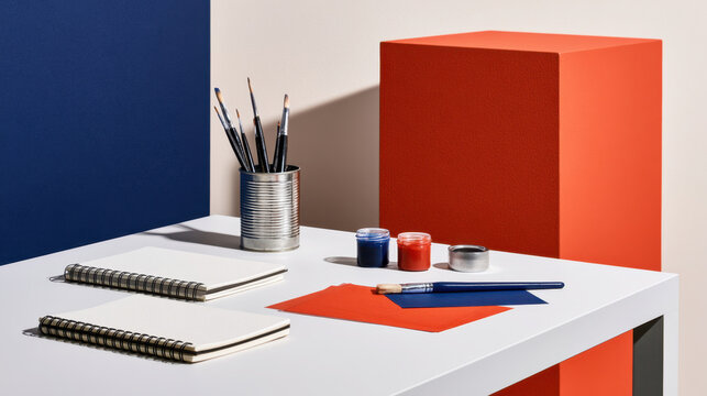 Children's art workspace with sketchbooks, paintbrushes, colorful paint and paper on a white table against bold geometric background