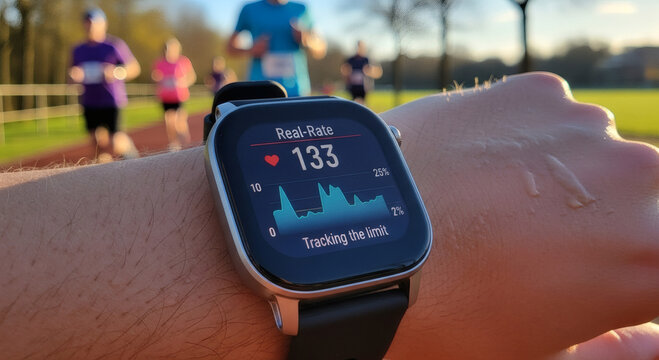 Smartwatch on wrist displaying heart rate data during outdoor run