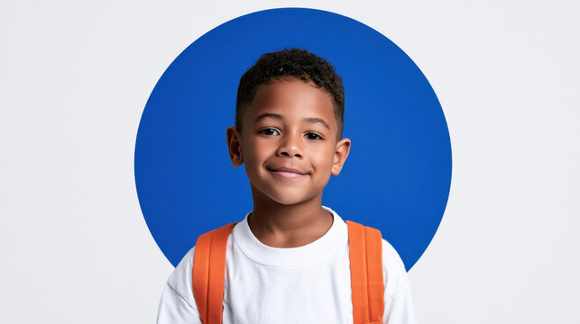 Smiling schoolboy with orange backpack posing against blue circular background, representing education, childhood, confidence and school readiness