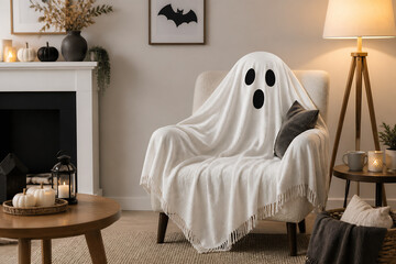 Obraz premium A white sheet ghost figure sits in a comfortable armchair inside a warmly decorated living room.
