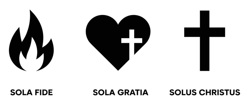Faith, Grace, and Christ: A triptych of minimalist black icons representing core tenets of Christian faith &ndash; a flame symbolizing Sola Fide (faith alone).