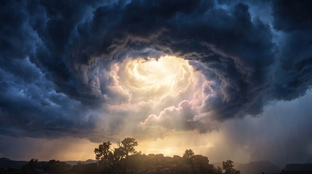 Dramatic supercell storm cloud with a bright center swirling over a dark landscape during a heavy rainstorm