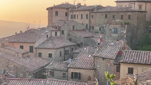Volterra panoramic view old medieval town borgo at sunset, Tuscany, Italy