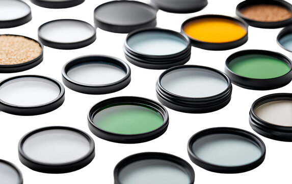 Professional collection of camera lens caps organized in a clean pattern highlighting essential optical equipment accessories Isolated on transparent background PNG
