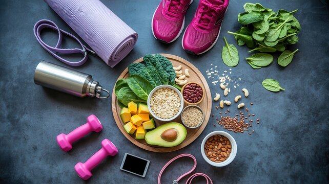 Healthy food ingredients and fitness equipment arranged on a dark stone background for a balanced lifestyle and wellness concept