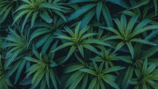 Green cannabis leaves background featuring dense wild hemp foliage with dark moody lighting and natural organic textures for botanical design