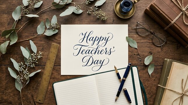 A beautiful greeting card with happy teachers day calligraphy on a rustic wooden table with stationery items