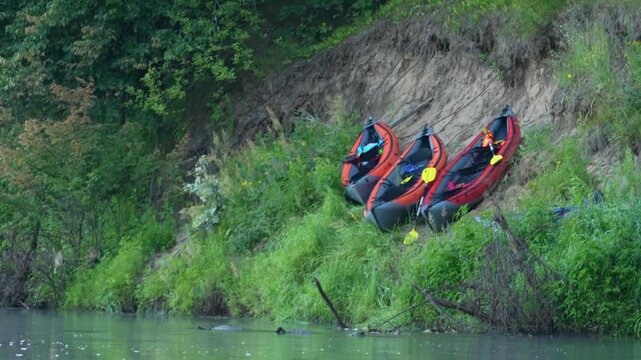 Moscow, July 20, 2026, Three red kayaks sit wedged in grassy slope. Riverbank is thick with green vegetation. Calm water flows beside plants. No people are visible. Perfect for adventure or outdoor