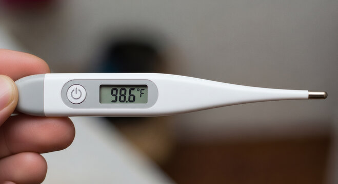 Digital thermometer displaying normal body temperature reading 98 point 6