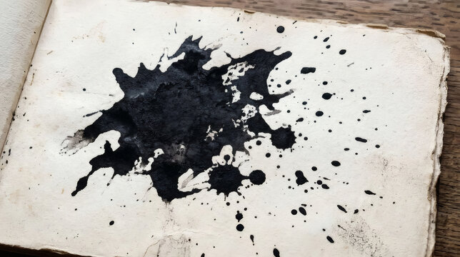 Black ink splash stain on vintage antique paper background