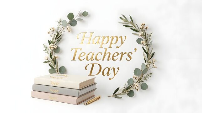Happy teachers day greeting card with a stack of books and elegant green eucalyptus leaves on white