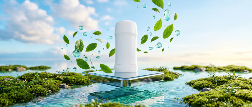 White deodorant stick hovering over water with floating leaves and drops. Natural fresh antiperspirant cosmetic product in a surreal landscape