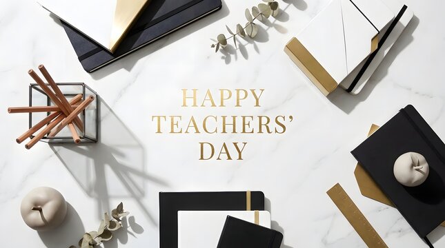 Happy teachers day greeting card with school supplies and notebooks on a white background top view