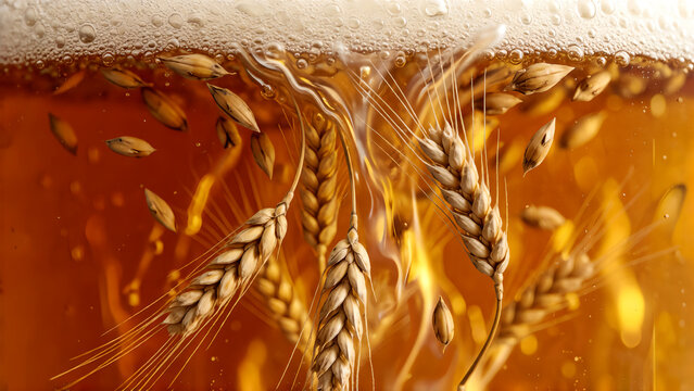 Golden wheat ears submerged in a refreshing glass of amber craft beer.